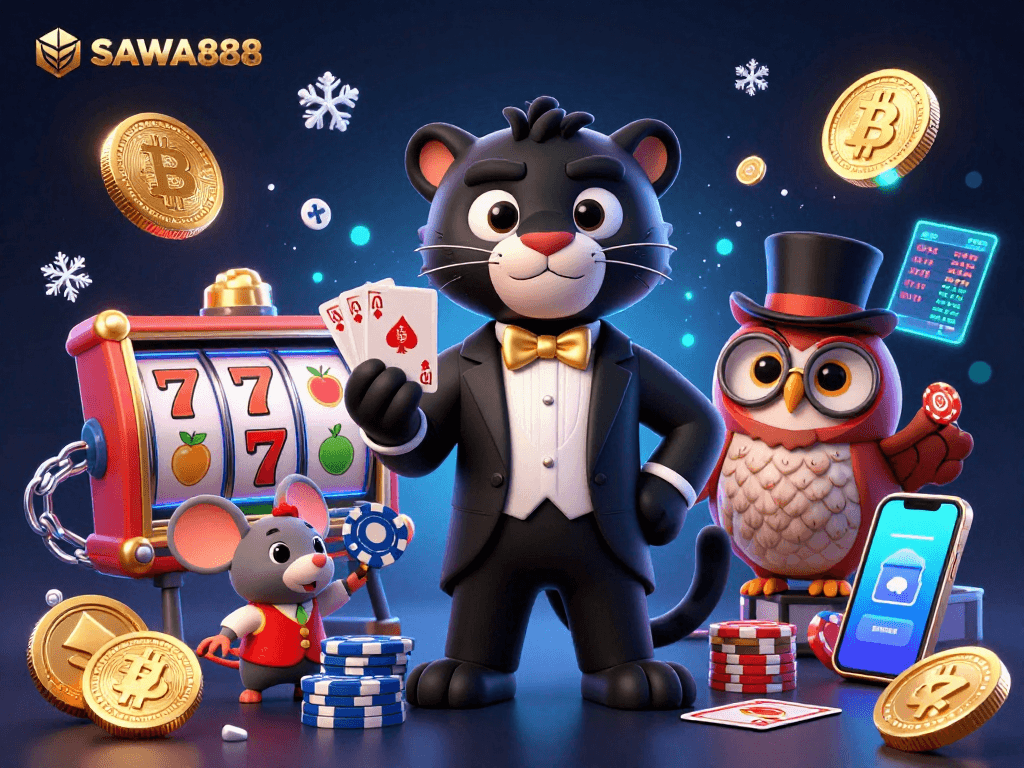 Experience thrilling card deals at SAWA888, where a stylish panther and friends engage in high-stakes fun.