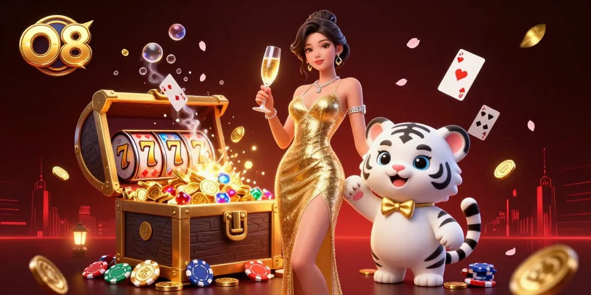 Experience the thrill of O8 with glamorous characters and jackpot-themed elements in a vibrant casino setting.
