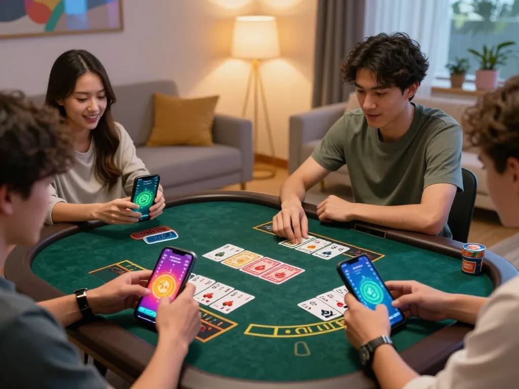 kkwin win mobile gaming experience with engaged players placing bets on baccarat app in cozy setting