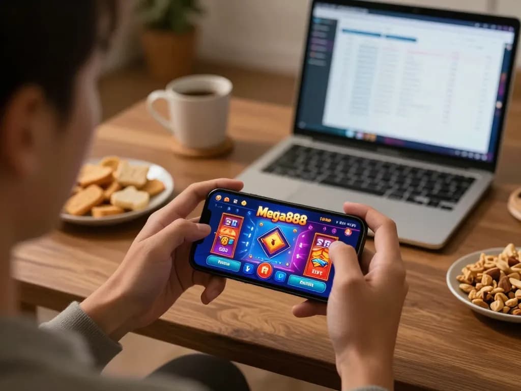 Pengalaman permainan Mega888today yang mempamerkan aplikasi kasino mudah alih yang berwarna-warni di telefon pintar dalam suasana yang selesa