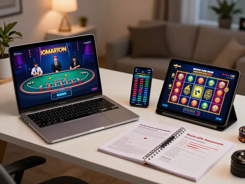 Engaged player strategizing for online gambling with FIVE88, showcasing laptop and mobile devices in action