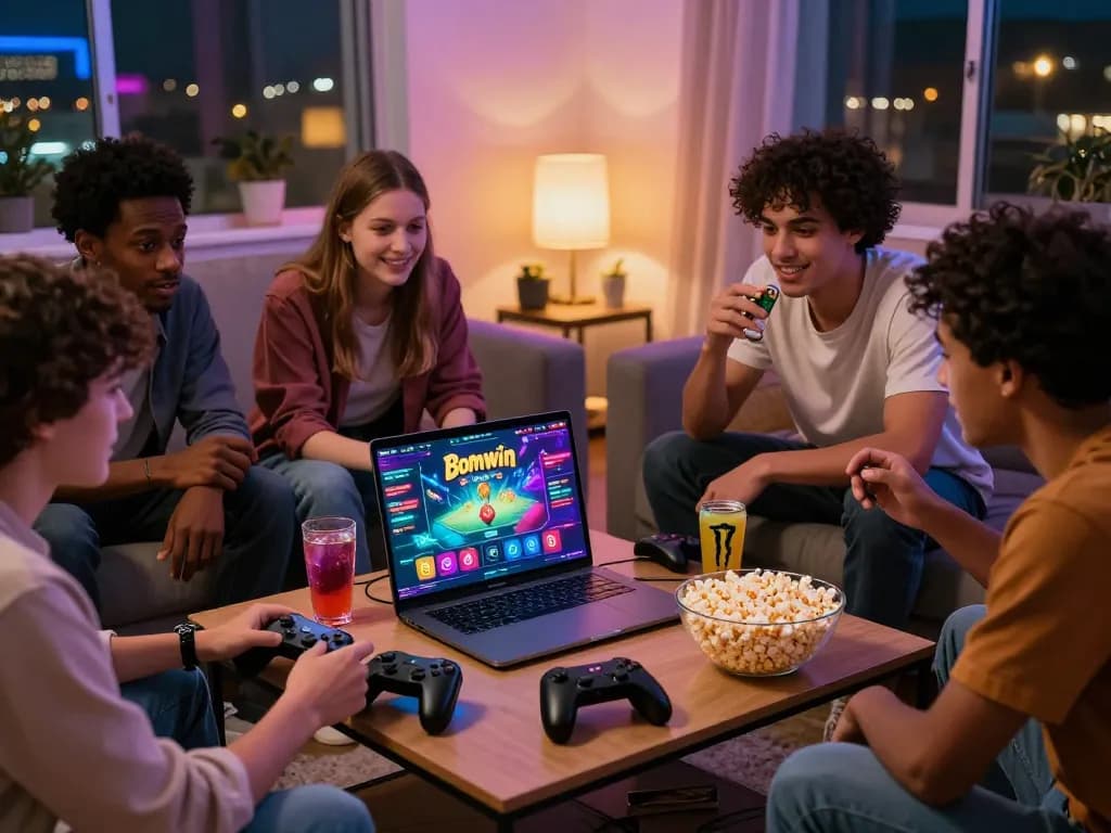 Friends enjoying Bomwin online gaming night with laptops and snacks in cozy living room.
