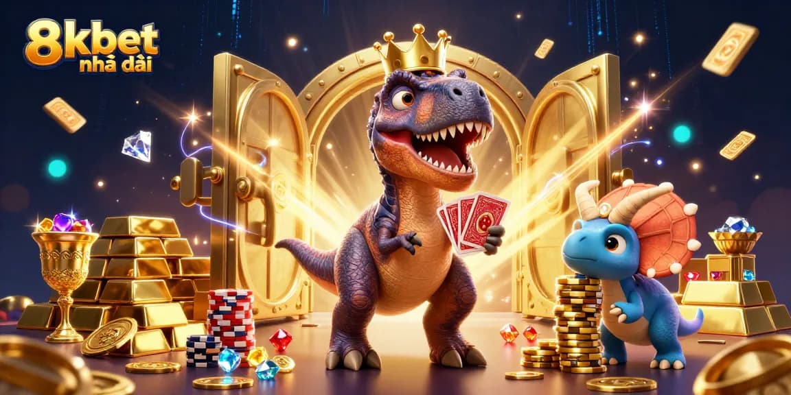 Stack winning hands at 8xbet nhà cái with a cartoon T-Rex, pterodactyl, and triceratops in a vibrant casino scene.