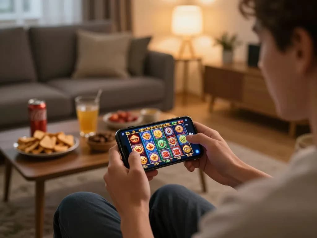 Engaging in situs slot gaming at home on a smartphone with vibrant symbols