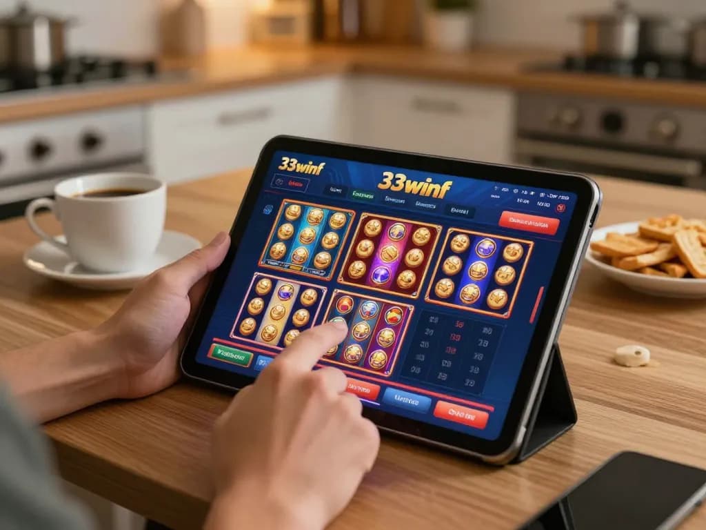 Engaging online casino gameplay on the 33winf platform with vibrant interfaces and cozy home setting