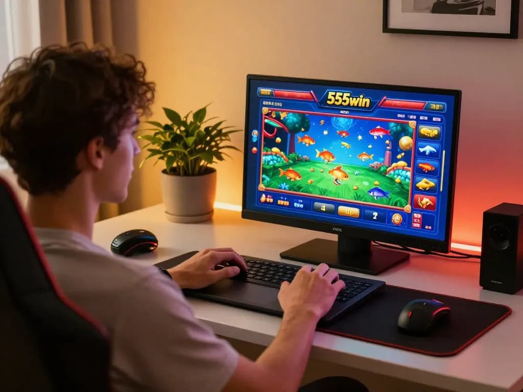Player engaged in 555win online casino gaming, showcasing vibrant game interface and responsible play.