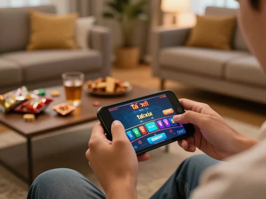 Engaging player enjoying tài xỉu online on smartphone in cozy home environment with warm lighting.