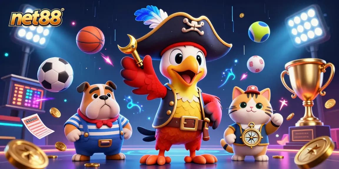 Engage in thrilling sports betting action with net88 as pirate captain, bulldog, and cat navigate vibrant games.
