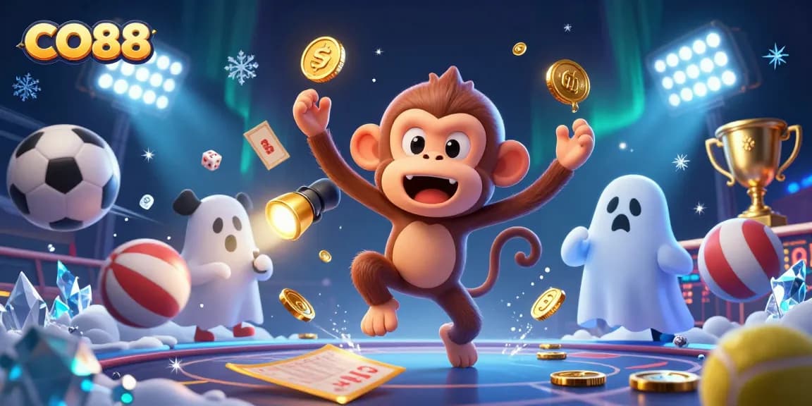 Experience thrilling action at CO88 with a mischievous monkey juggling golden coins and a curious puppy tracking it in a haunted casino.