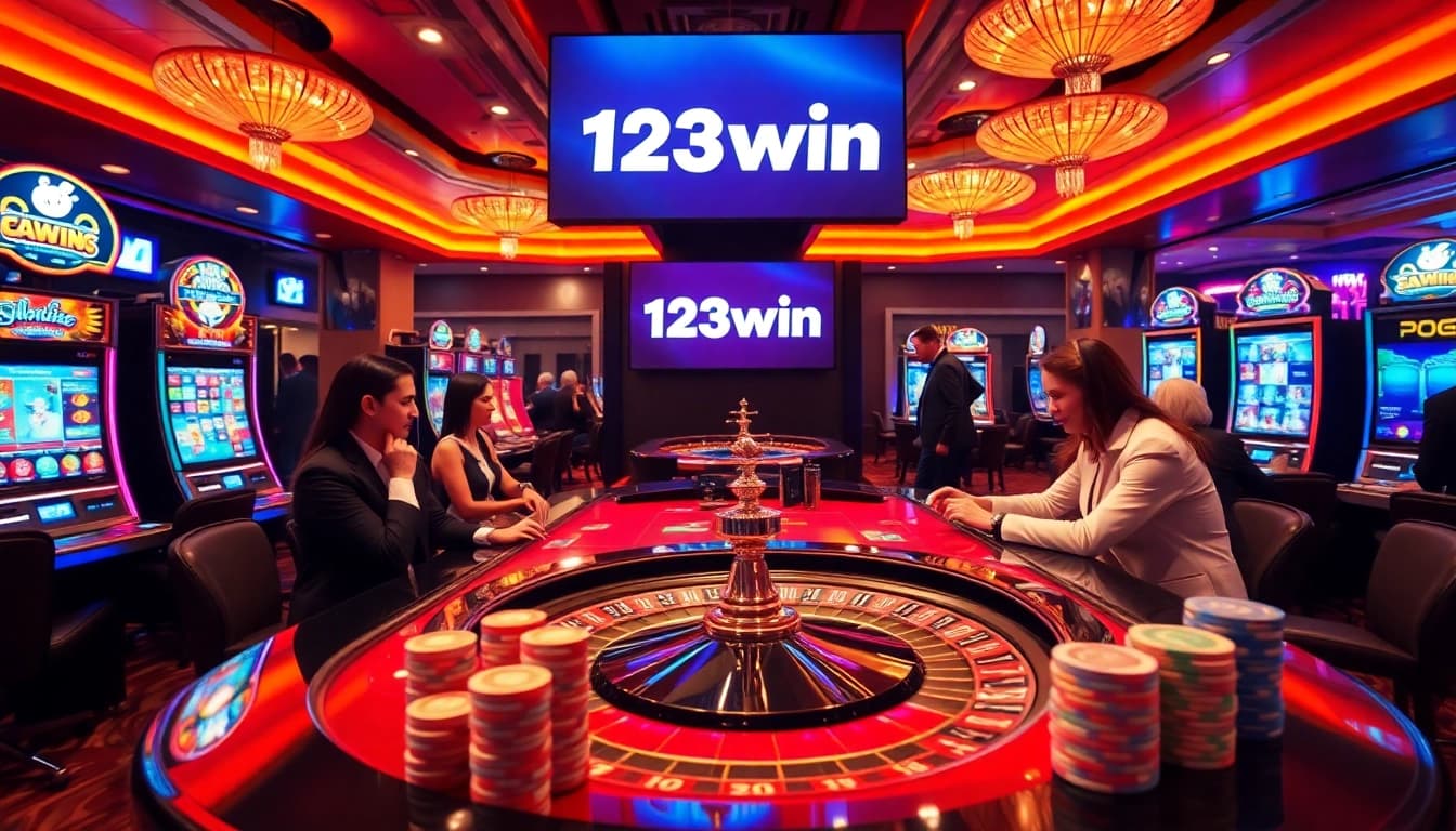 Experience a thrilling game of roulette at 123win with vibrant casino visuals and lively players.