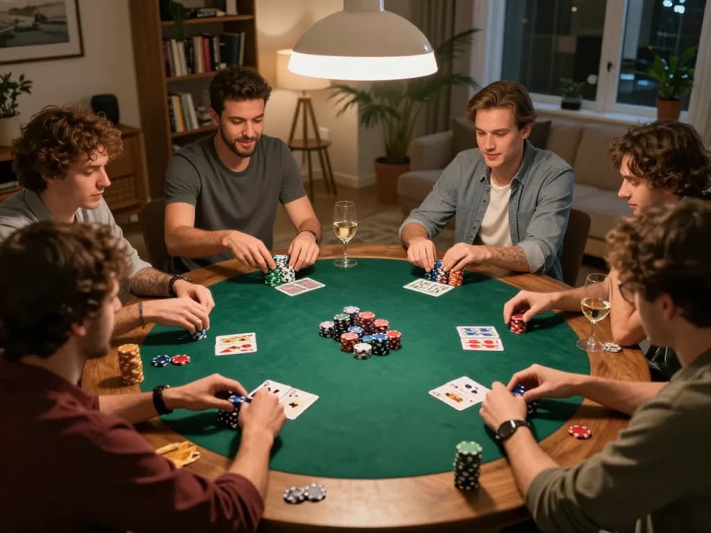 Saat malam poker di rumah, teman-teman menikmati permainan yang menarik di meja sambil merencanakan strategi di https://www.hotel-restaurant-megeve.com/fr/ untuk kemenangan optimal.