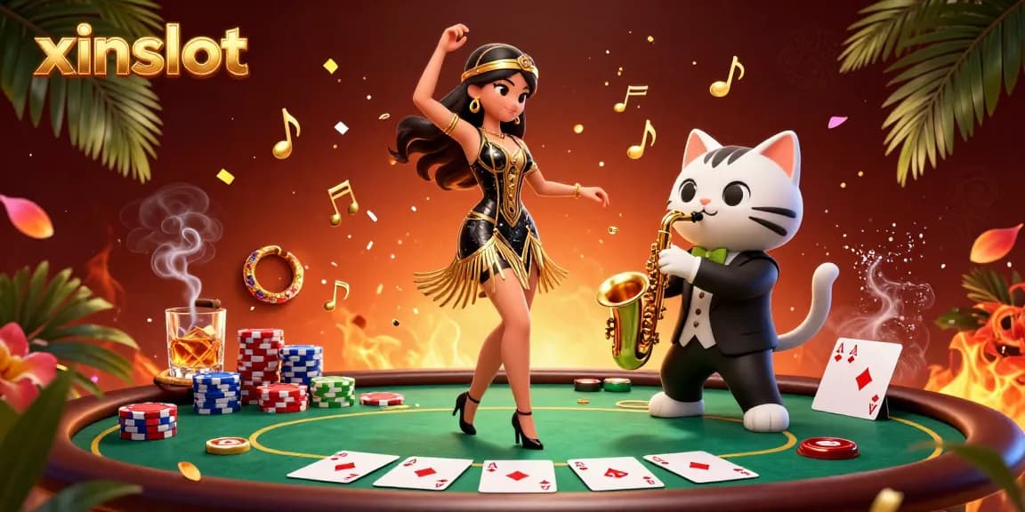 XINSLOT showcases a vibrant scene with a flapper dancer and saxophone cat amidst colorful poker elements.