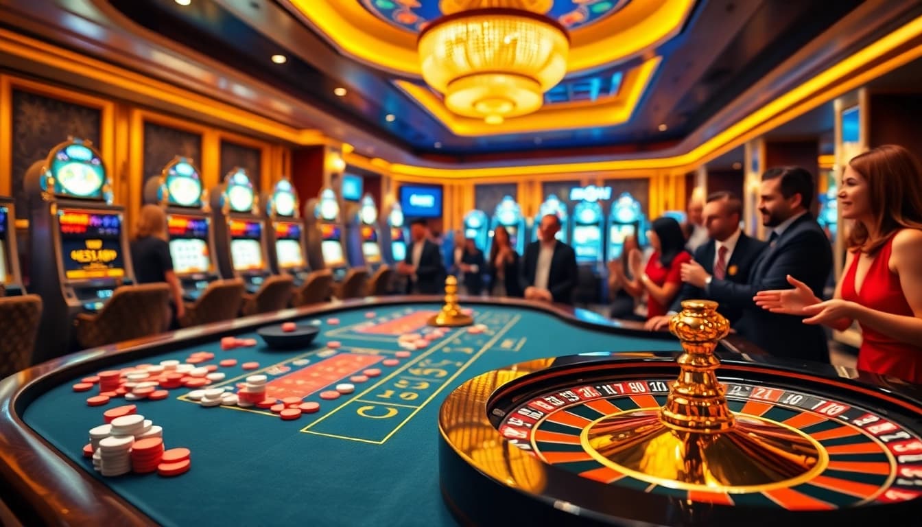Excited gamblers at a luxurious casino table with lego138-themed games and vibrant chips.