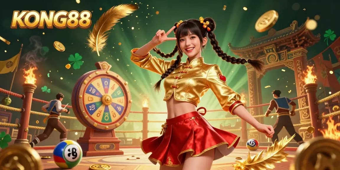 KONG88 brings vibrant fun with a lively Asian woman celebrating winnings amidst spinning prize wheels and lottery balls.