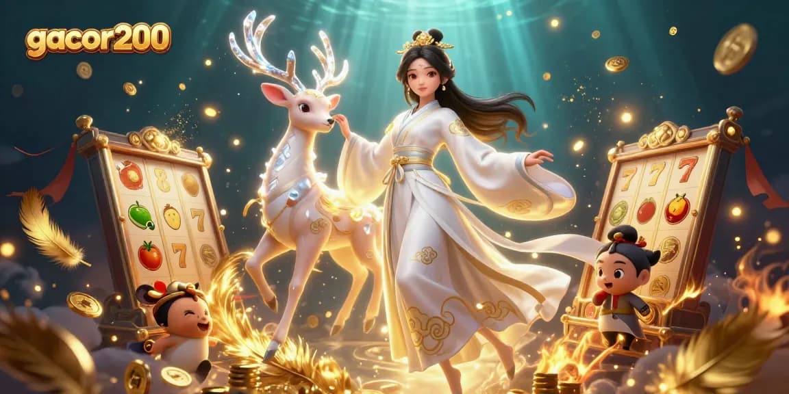 Engage with gacor200's mesmerizing slots featuring a beautiful Asian woman amidst golden tokens and vibrant symbols.