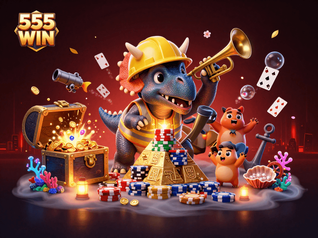 Engage in 555 WIN’s vibrant casino world with 3D cartoon dinosaurs amidst sparkling treasures.