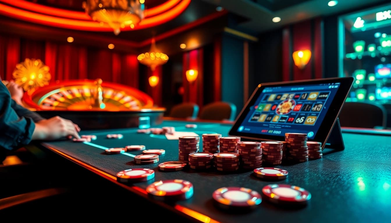 Engaging high-stakes gambling scene at nhà cái sky88 with poker players and roulette wheel.