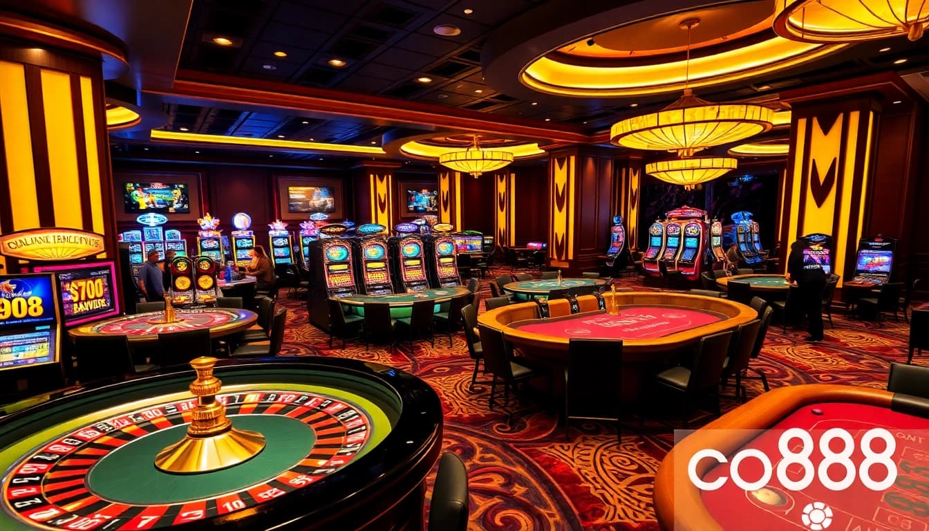 Experience the thrill of co88 gameplay in a luxurious casino setting with vibrant tables and machines.