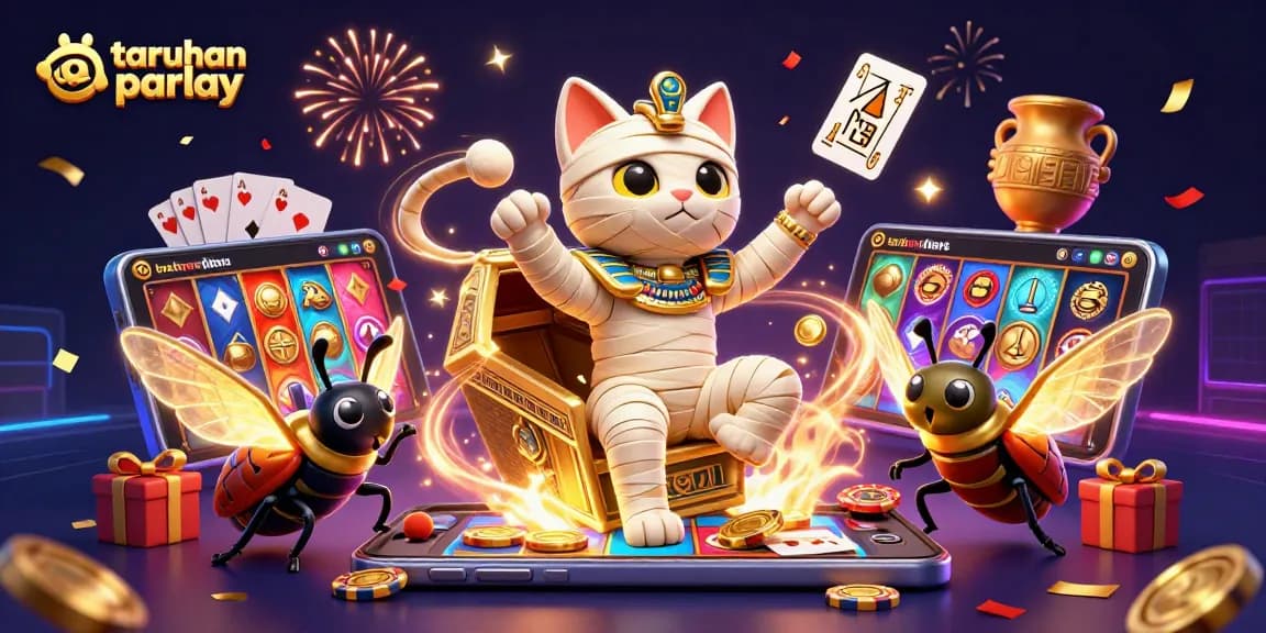 Visualisasi taruhan parlay dengan karakter menarik yang mempromosikan peluang menang di kasino online.
