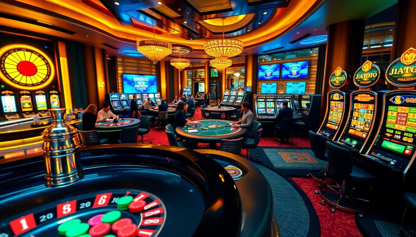 Pemain terlibat dengan slot modern dan permainan meja di kasino JPTOTO, menggambarkan kegembiraan perjudian online.