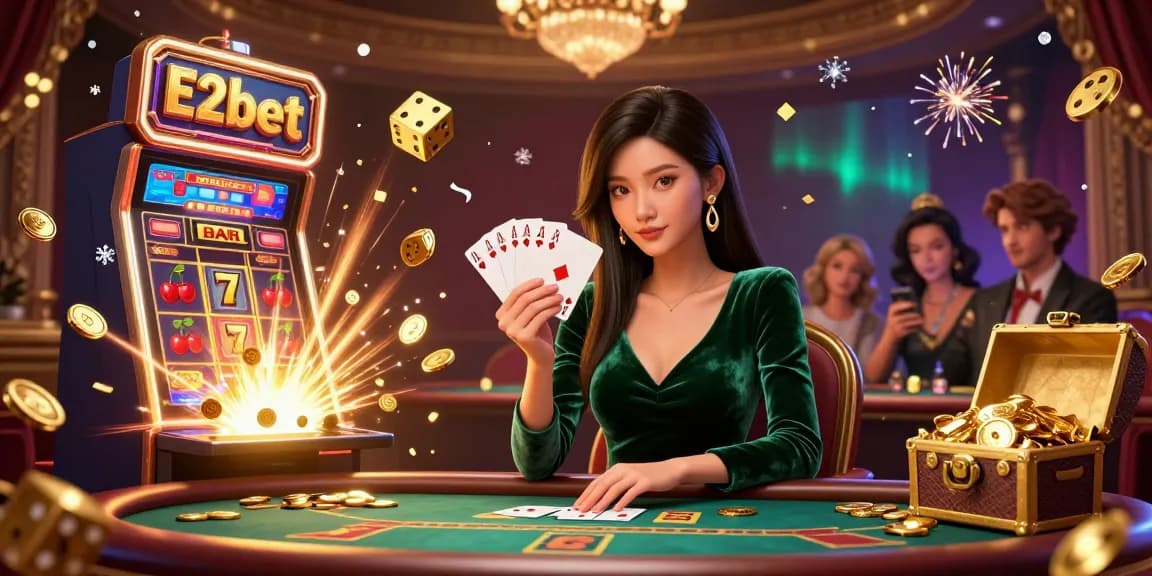 E2bet showcases thrilling gaming action with a beautiful Asian woman at a poker table amidst vibrant casino elements.