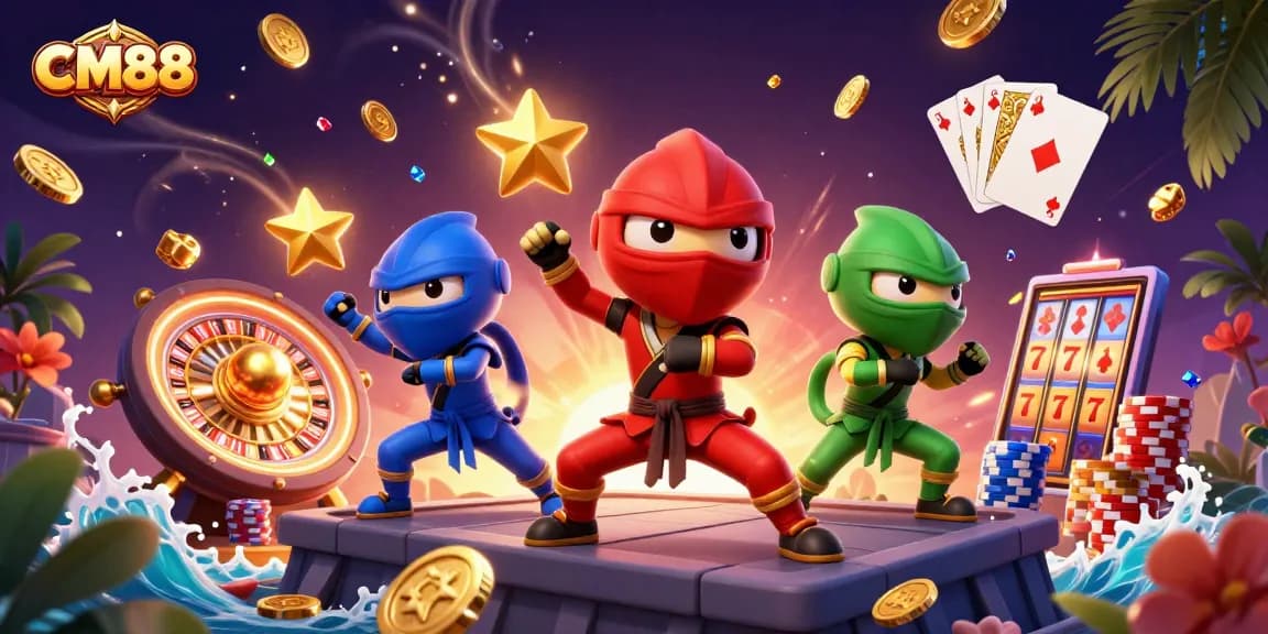 Experience thrilling gameplay with CM88 through an action-packed scene of a ninja chameleon team amidst casino elements.
