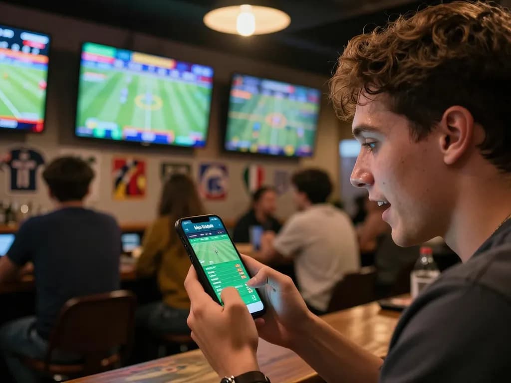 Engaged bettor checking kèo nhà cái odds on smartphone amidst vibrant sports bar atmosphere.