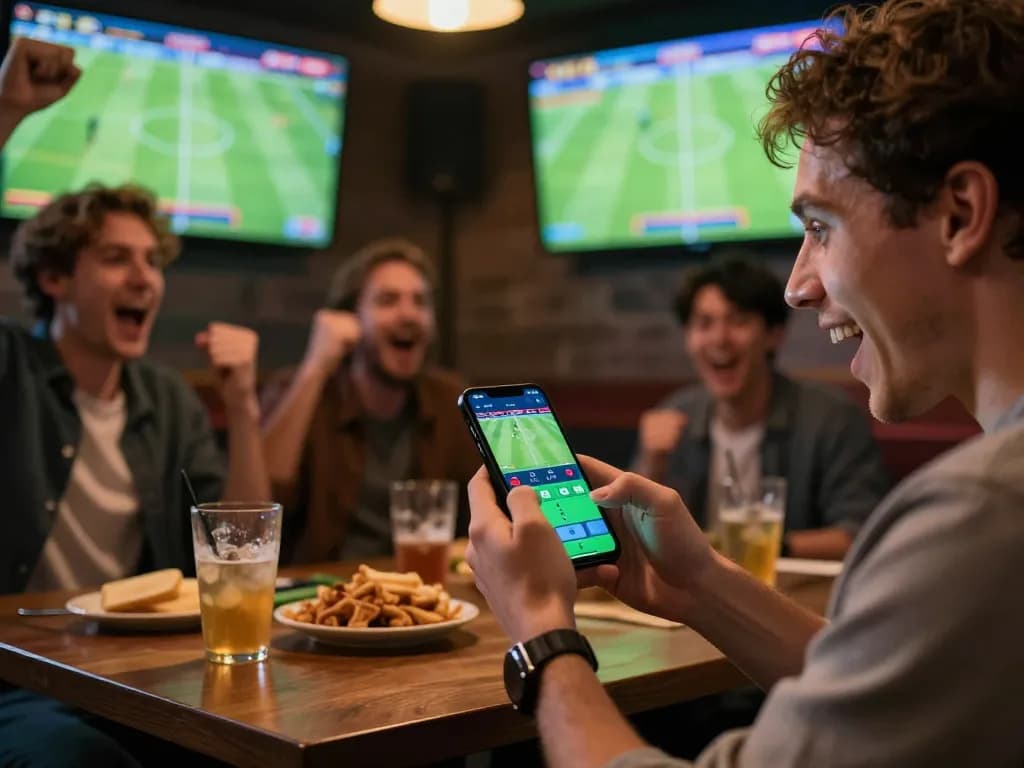 Soi Kèo user placing bets on smartphone while enjoying live sports, highlighting dynamic engagement in gambling.
