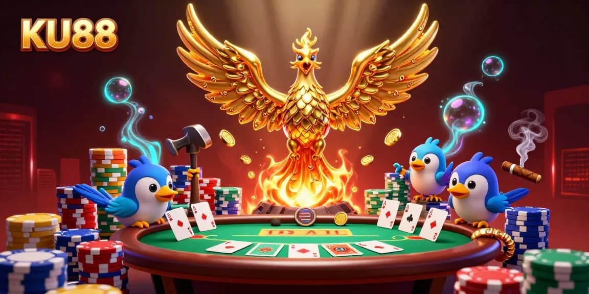 Engage with KU88's vibrant casino scene showcasing golden phoenix and poker excitement.