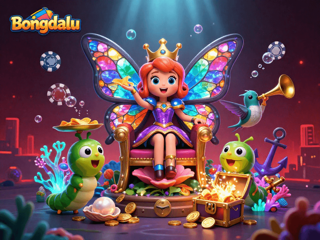 Bongdalu engages players with a vibrant casino scene showcasing a butterfly queen amidst treasure and poker elements.