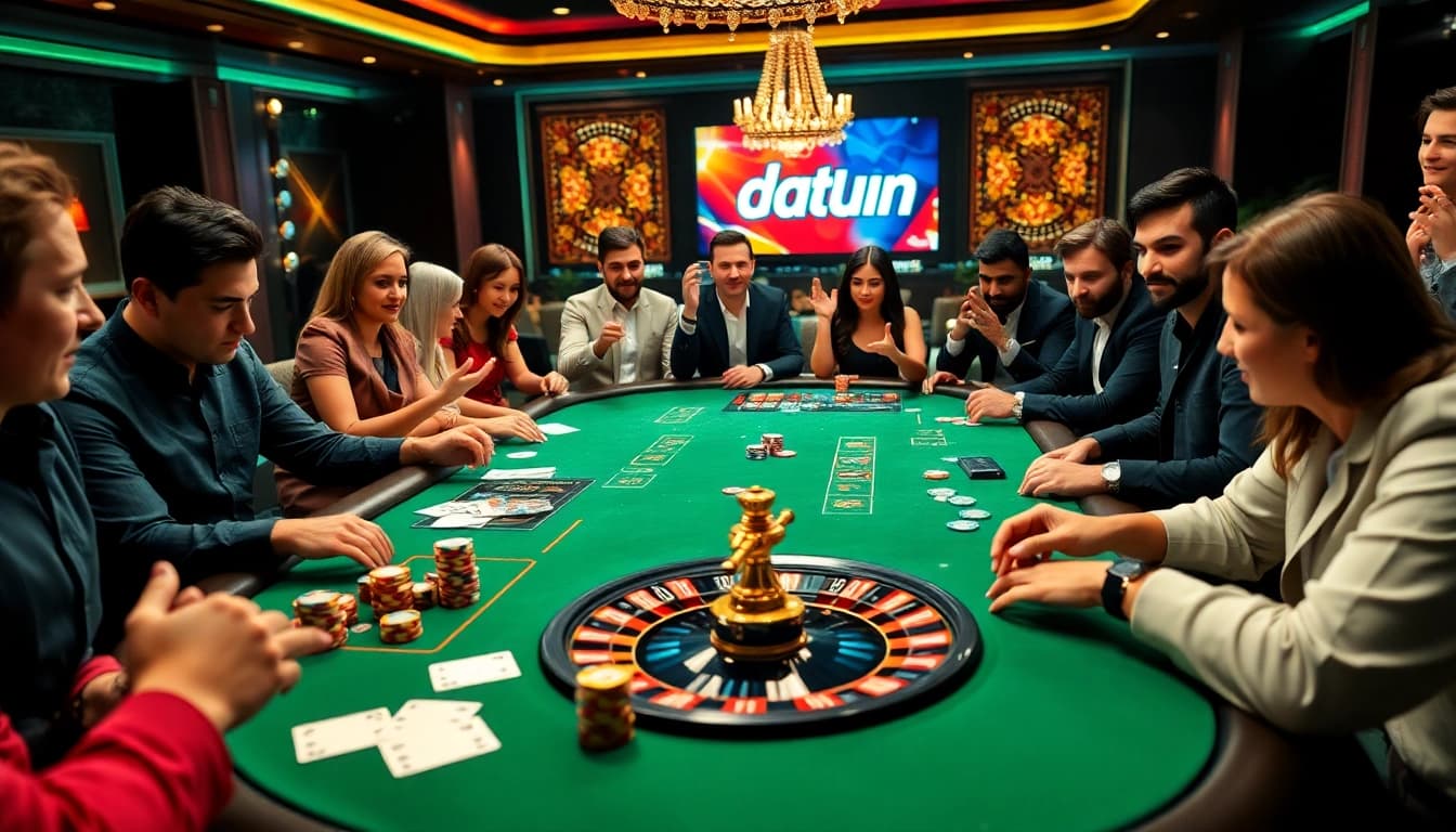 Para pemain terlibat dalam permainan poker di meja kasino mewah yang menampilkan chip dan kartu bertema Datukwin.