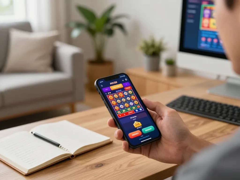 Player engaging with the NK88 app for online slots and betting in a cozy home setting