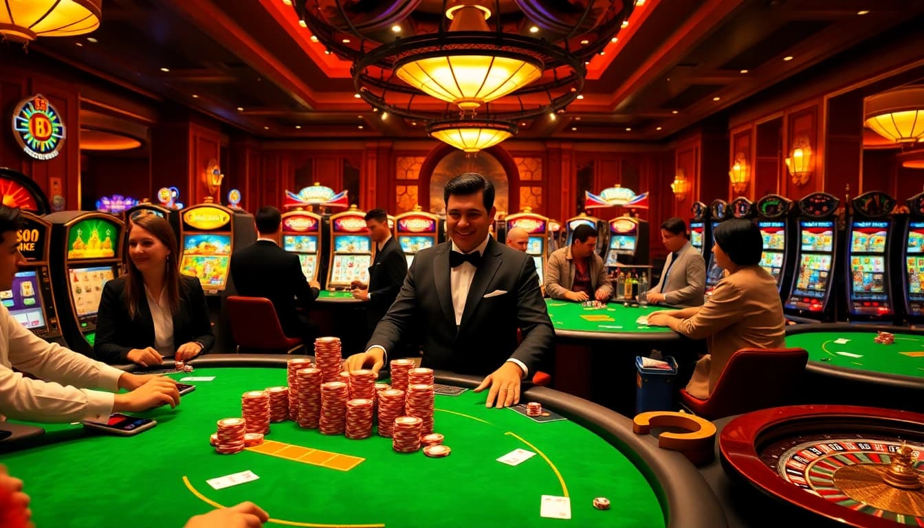 Experience high-stakes poker at kinggaruda138 with vibrant tables and glowing slot machines.