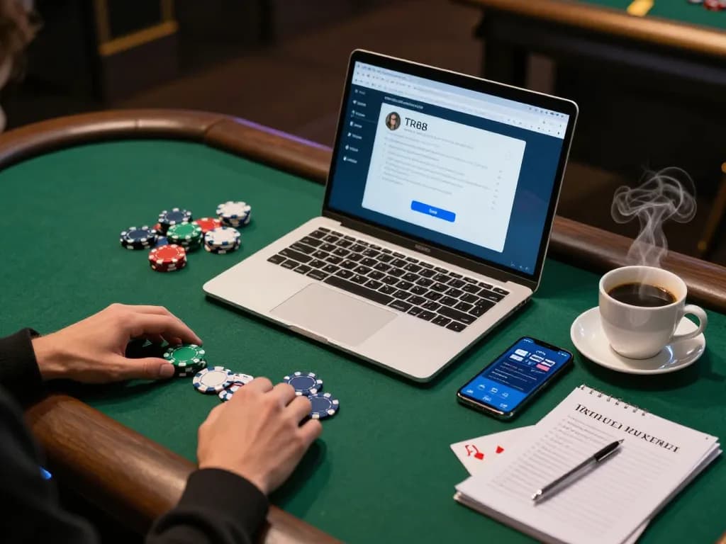 Player enjoying online gaming at home with TR88 app and poker chips scattered on the table.