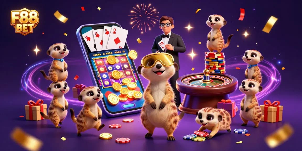 F88 BET showcases meerkats running a vibrant casino operation with dynamic gambling elements.