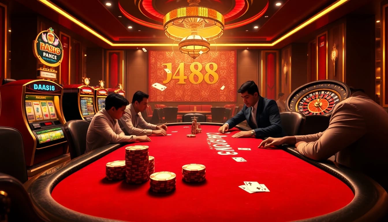 Experience high-stakes action at https://da88.education/ poker table within a luxurious casino setting.