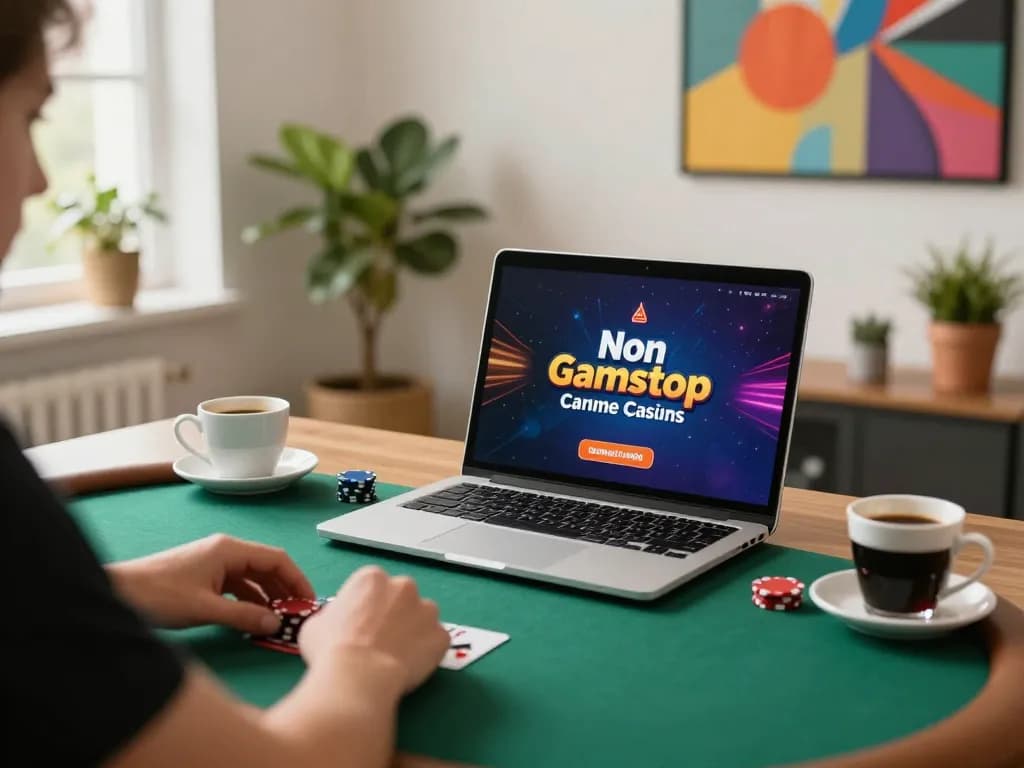 Playing online poker at non gamstop casinos on a laptop in a cozy setting.