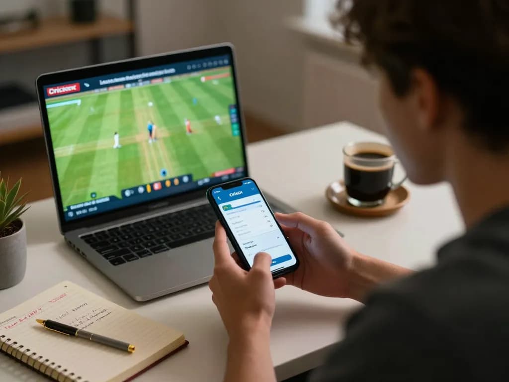 Player placing live bets on https://crickex.fit/ using a smartphone at a home desk, showcasing modern online gambling.
