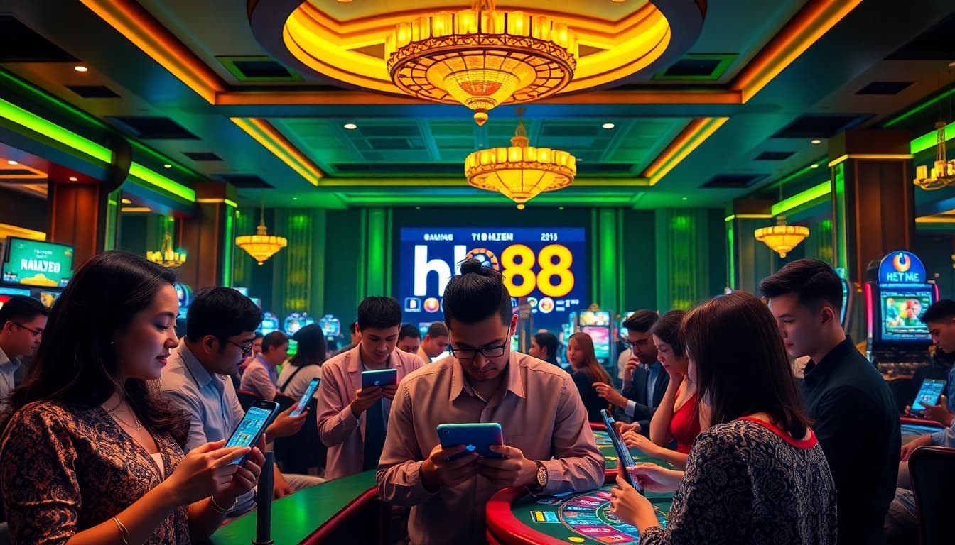 Engaged players enjoying an online gambling experience on the hb88 platform in a lively casino atmosphere.