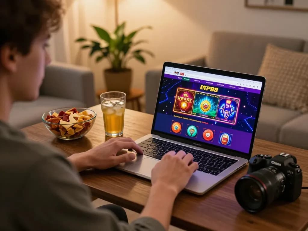 Player enjoying KP88 online casino at home, showcasing colorful gaming graphics and a relaxed atmosphere.
