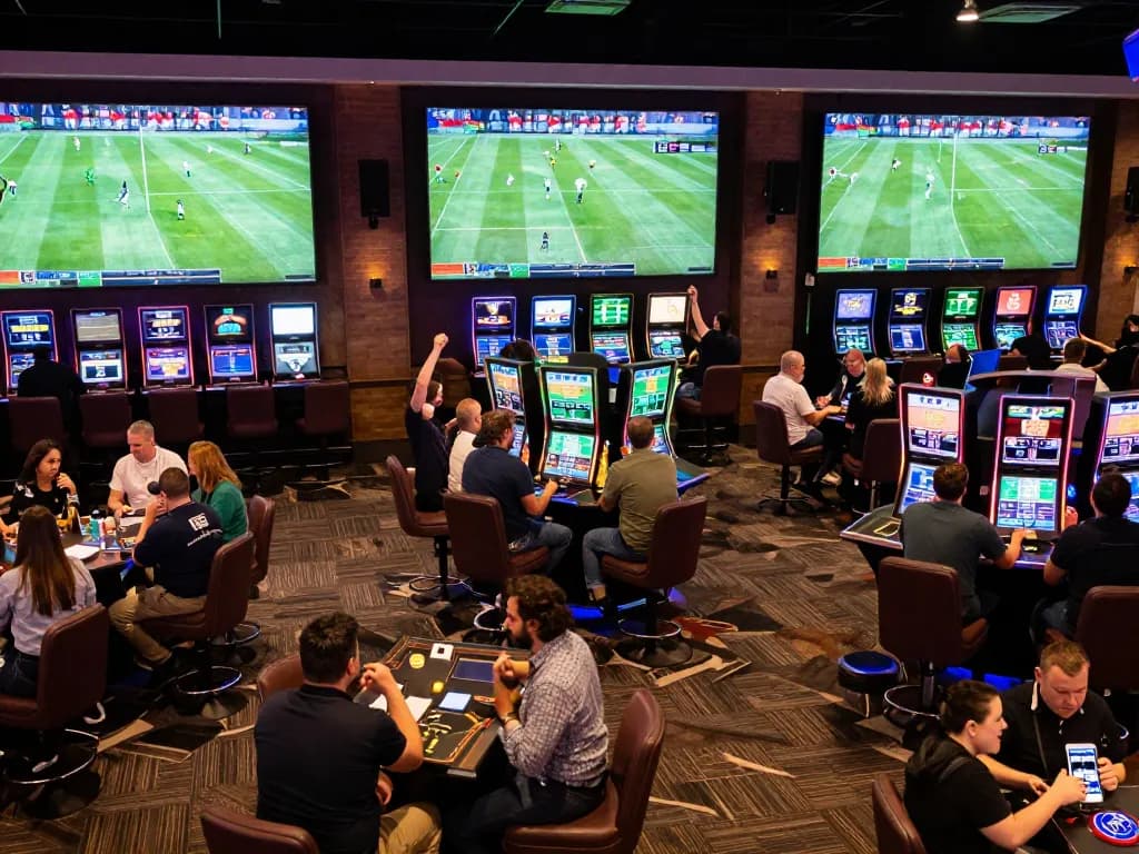 NDDO patrons engaging in sports betting action, enjoying live match excitement in a vibrant casino environment.