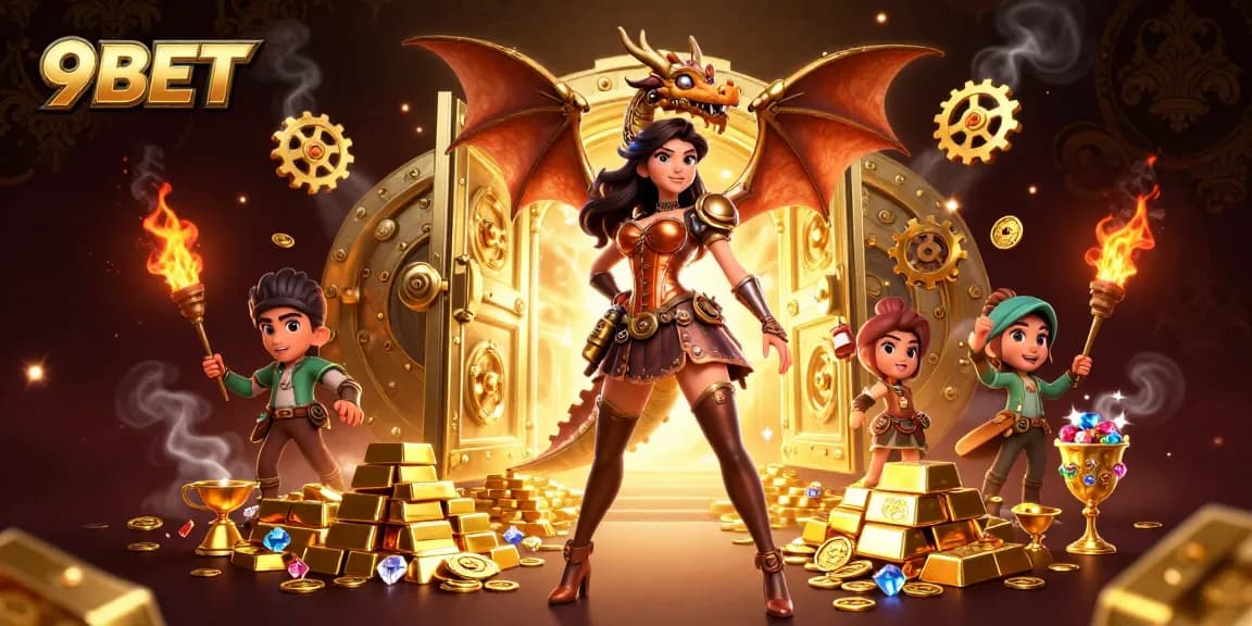 Engage with the thrilling world of 9BET through a vibrant 3D casino scene filled with treasures.
