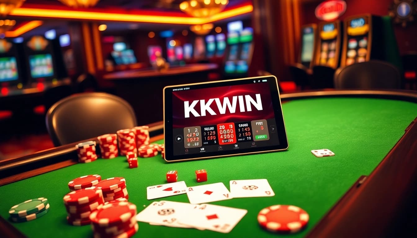 Experience Kkwin online casino gaming with vibrant tables, poker chips, and luxury elements.