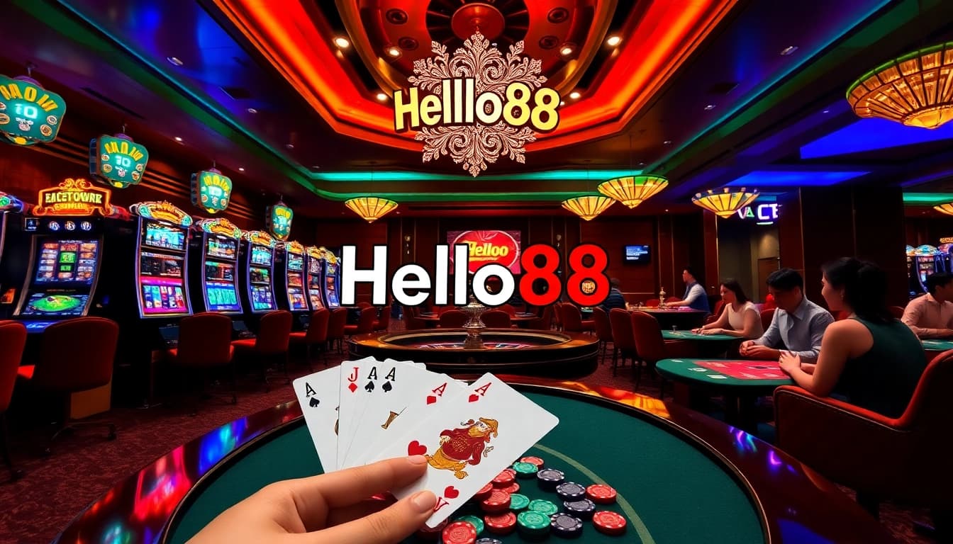 Hello88 logo in an engaging casino setting with a vibrant poker table, slot machines, and thrilling gameplay.
