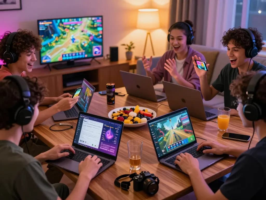 Exciting scene of players downloading and enjoying tải B52Club game on mobile devices in a cozy gaming setup.