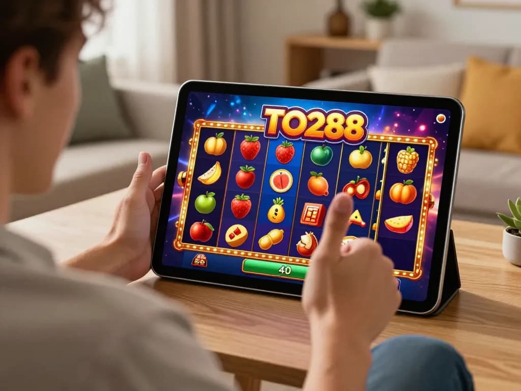 Player celebrates a win on TO288 slot machine while gaming on a tablet in a cozy home setting.