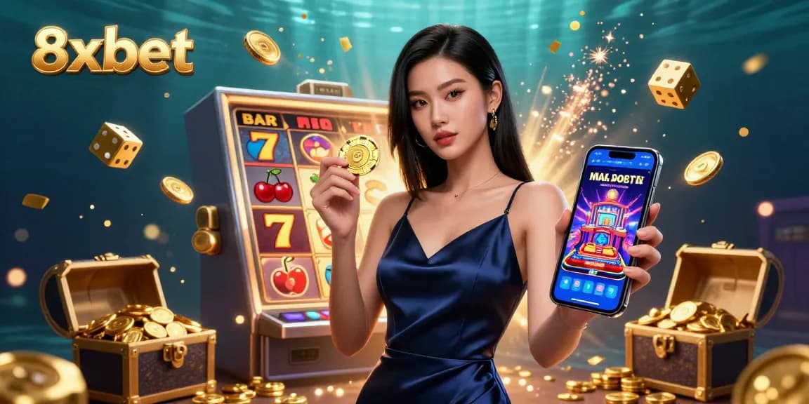 Experience thrilling gaming with 8xbet as the stunning woman holds a casino app and golden chip.
