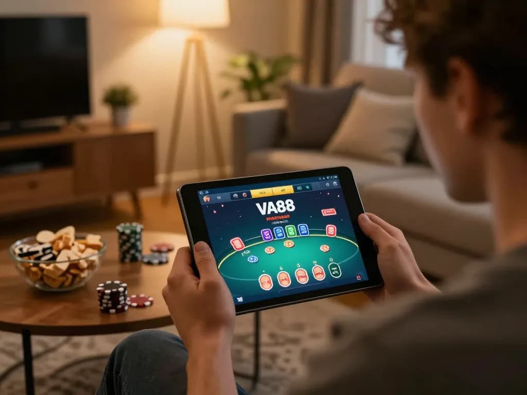 Engaging online gaming scene on VA88 platform with player enjoying poker at home