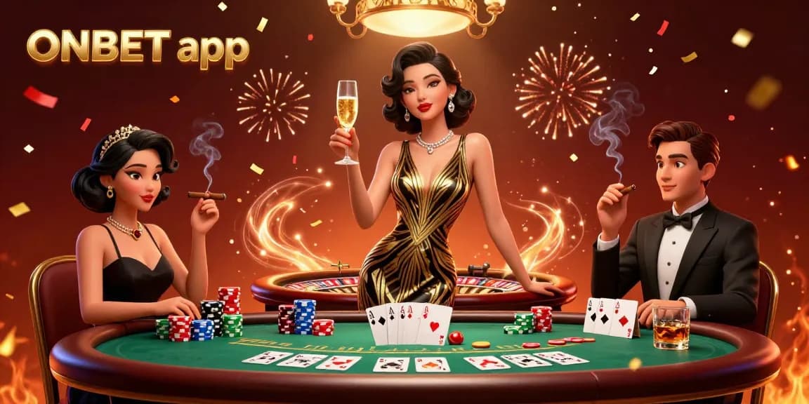 Experience the excitement of the ONBET app with this ultra-detailed casino scene showcasing poker elements amidst a glamorous setting.