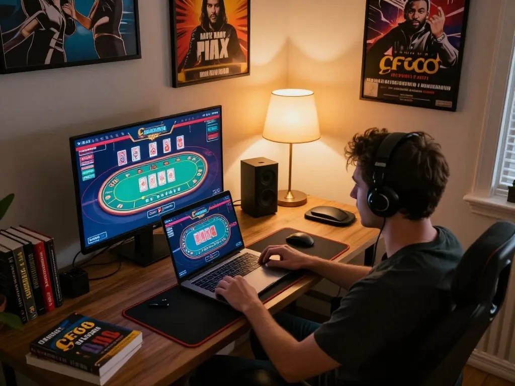 Player enjoying CF68 online casino gaming on laptop in cozy home office setup